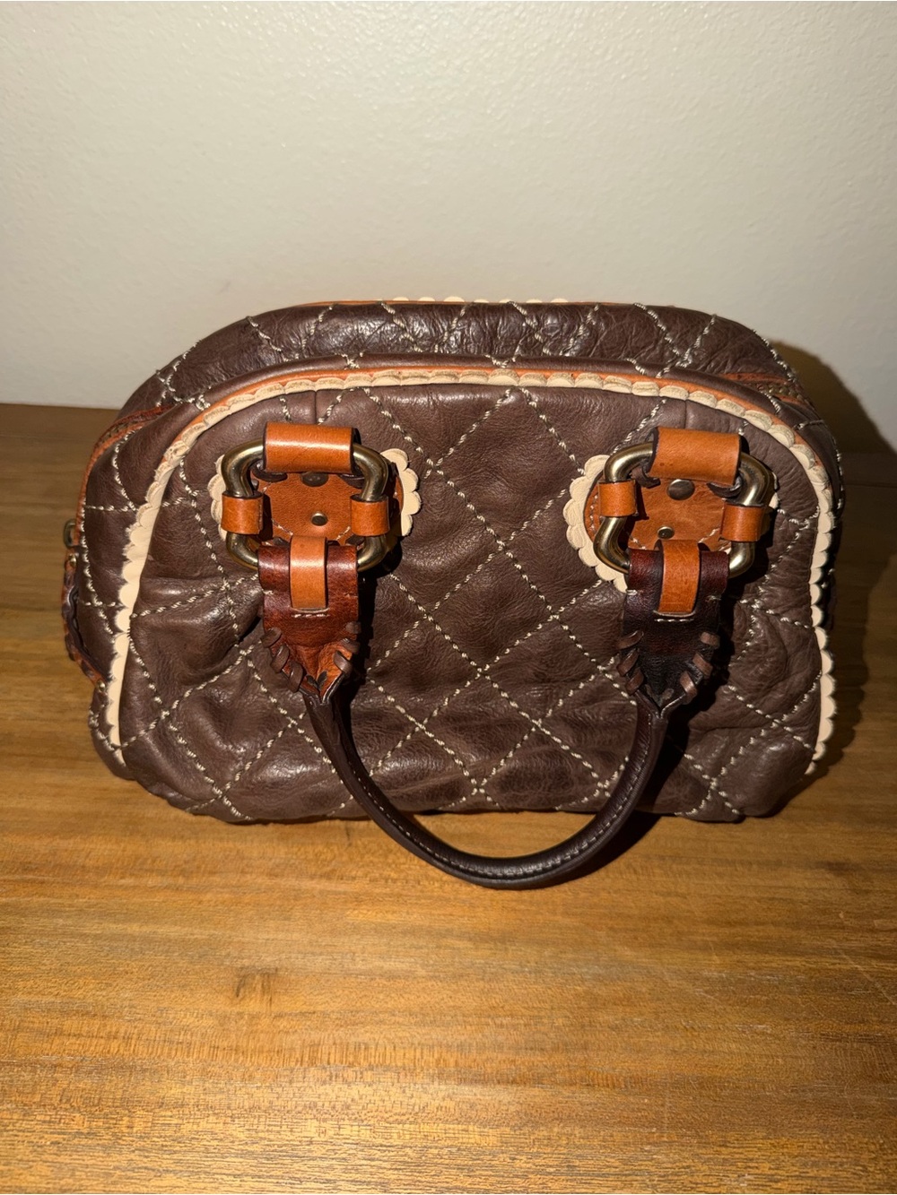 Juicy Couture Brown Quilted Leather Tote with Tan Trim